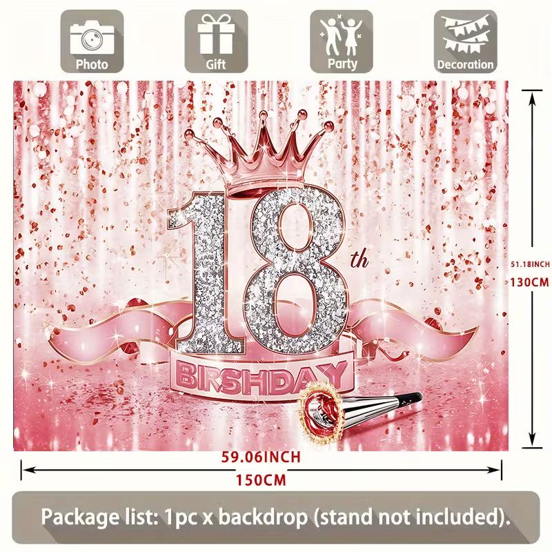 2D Pink Rose Gold 18th Birthday Backdrop Glitter Crown Photo Booth Banner