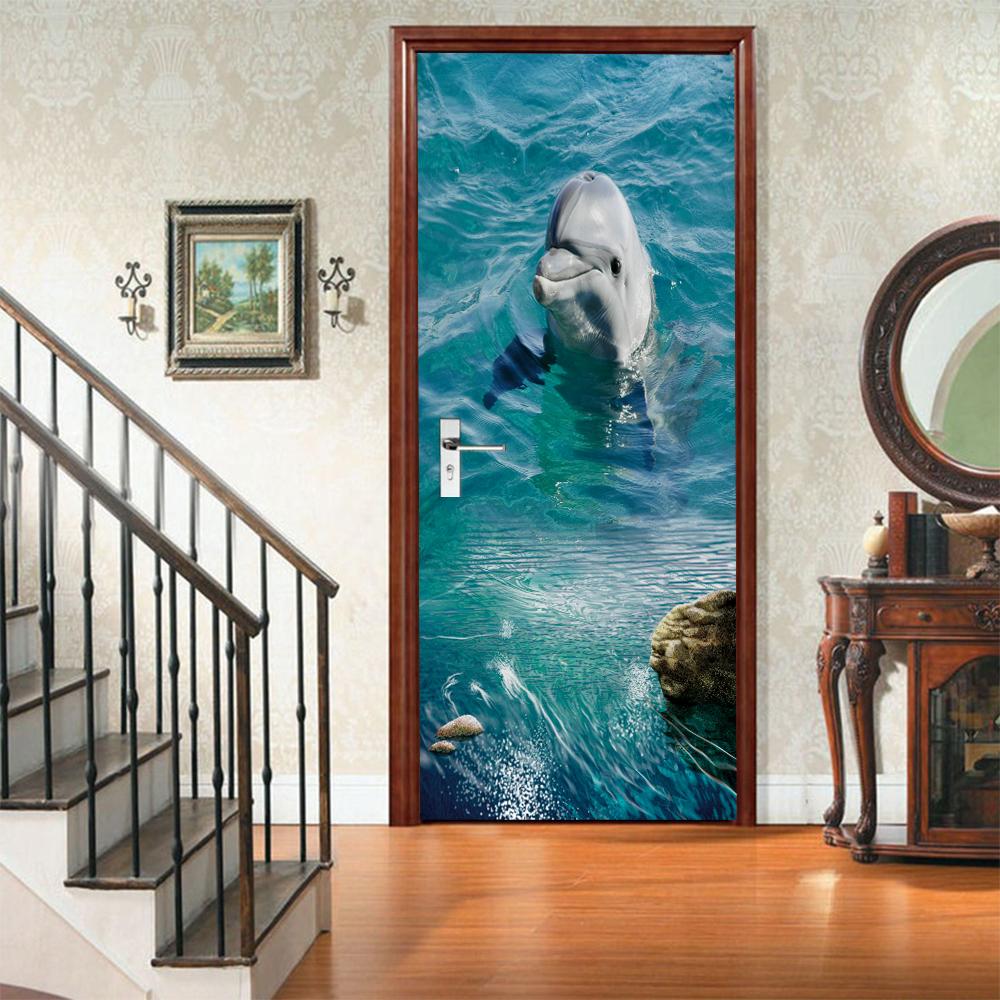 3D Door Mural Sticker Peel and Stick Door Wallpaper Golden Buddha Castle Moon Mermaid Flower Home Decor Removable