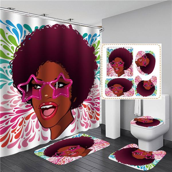 4PCS Full Set Bathroom Curtain Set Elegant African Black Woman Shower Curtain Hooks Modern Bath Mat Toilet Lid Cover Anti-slip Bath Mats