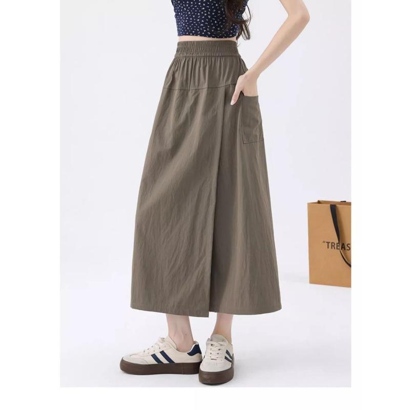 Apricot Overalls Culottes for Women Summer Thin High-waisted A-line Slit Hip-covering Wide-leg Culottes