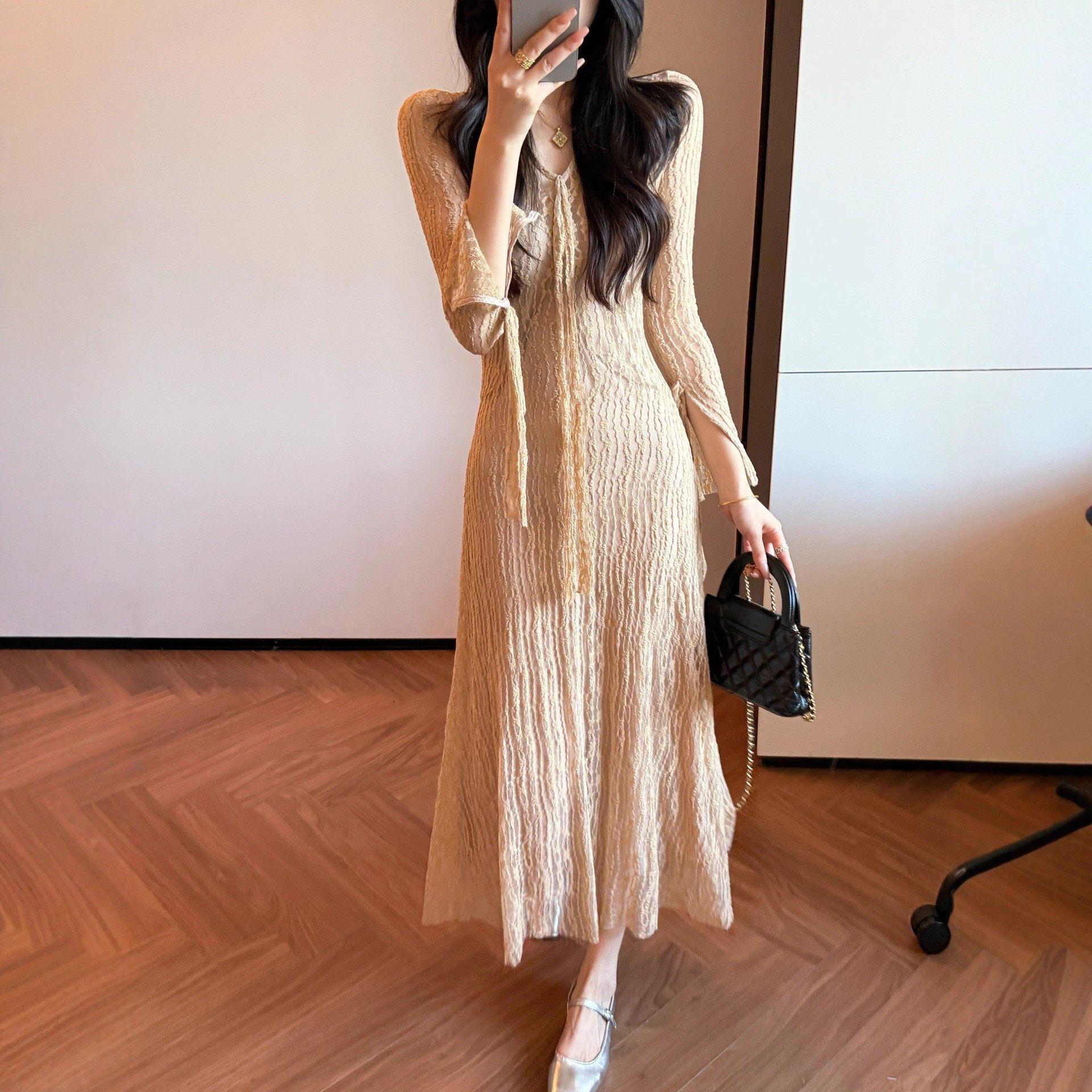 French V-Neck Lace Tie Long Sleeve Dress for Women - 2026 Spring Collection Extra Large