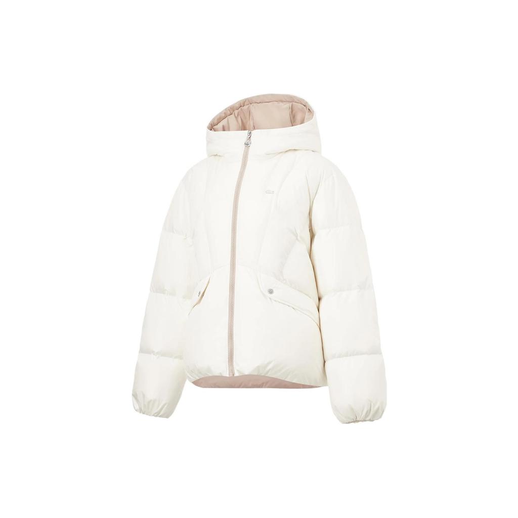Li Ning Sports Lifestyle Series Solid Color Short Hooded Down Jacket Women Outerwear Off-White AYMT110-1