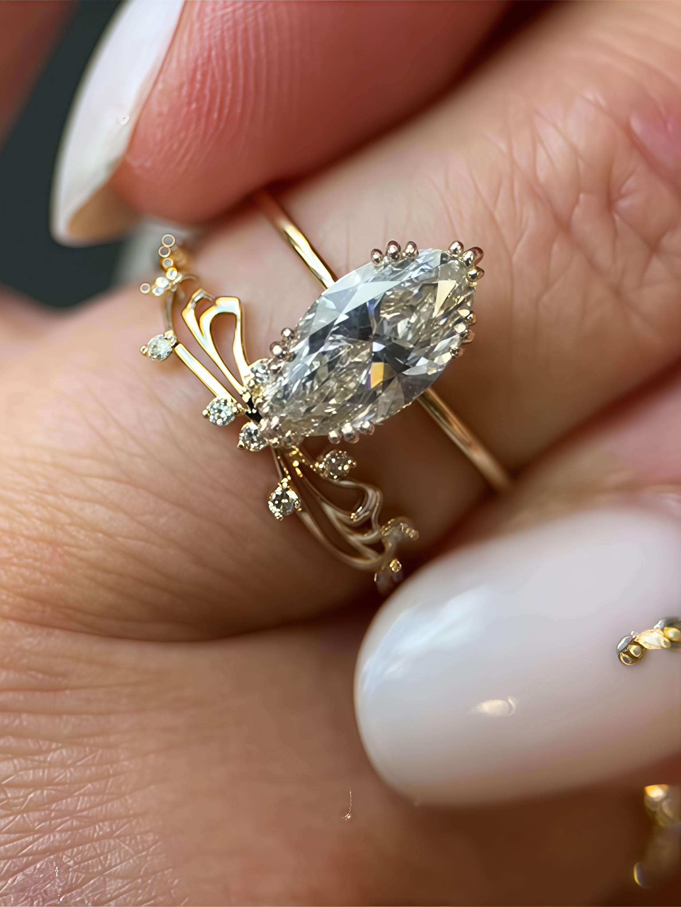 

S925 Silver 2PC 2CT Marquise Moissanite Ring Set Exquisite Jewelry Suitable for Gift Giving Personality and Fashion 9 золотистий