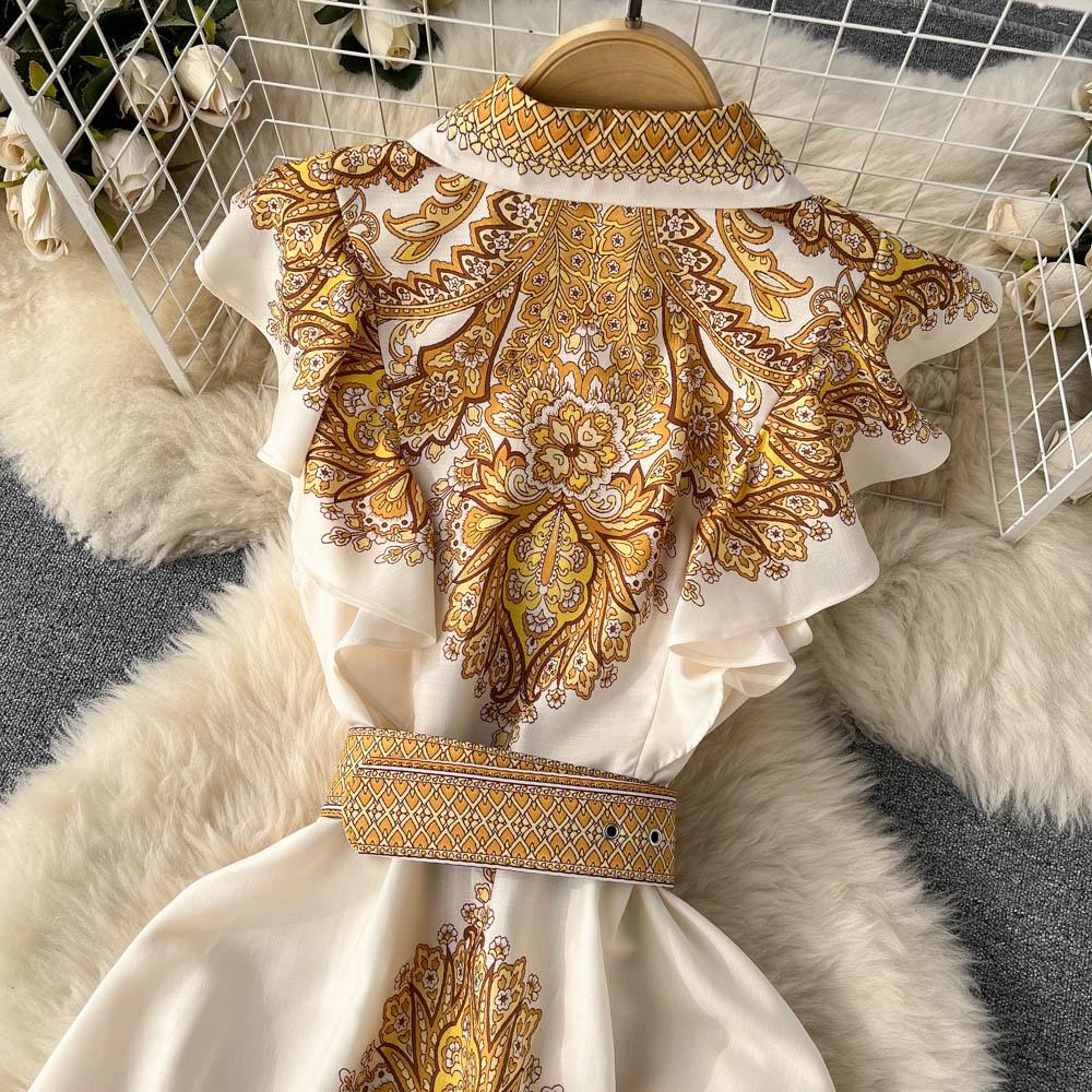 Retro Floral Print Ruffle Sleeveless Elegant Midi Dress A-line Beach Vacation Belt Dress Women Korean Fashion Summer Vestidos