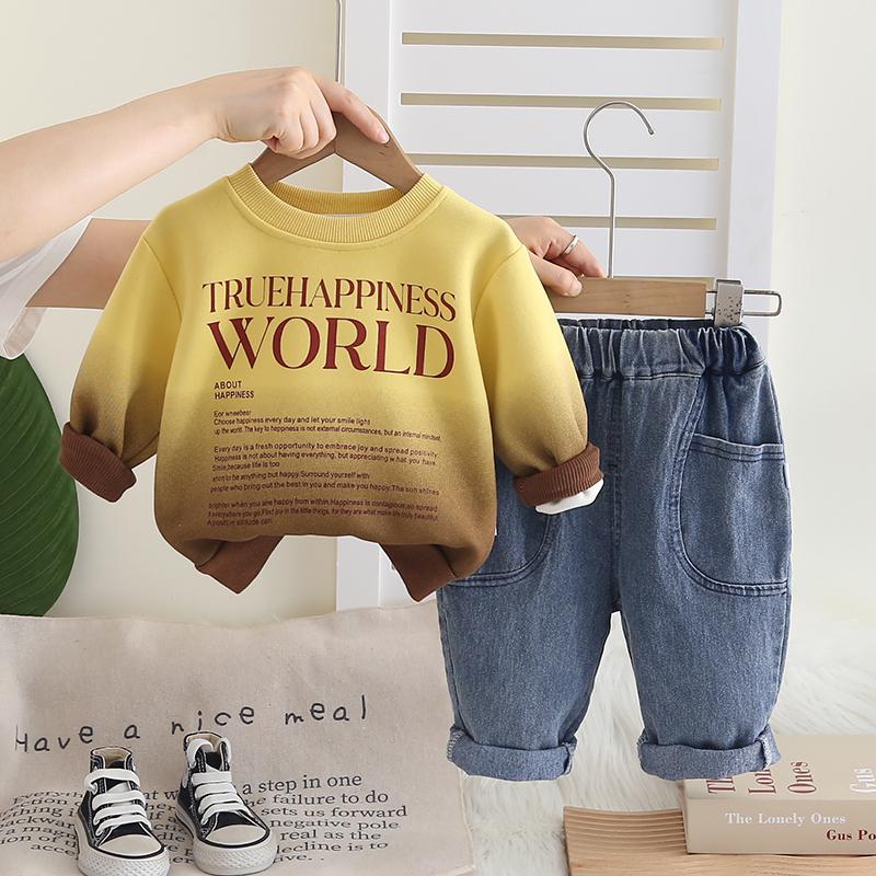 

Комплект с длинным рукавом для мальчиков 0-5 лет, Детская толстовка с круглым вырезом и принтом букв + джинсовые брюки, комплект из двух предметов XXL жёлтый