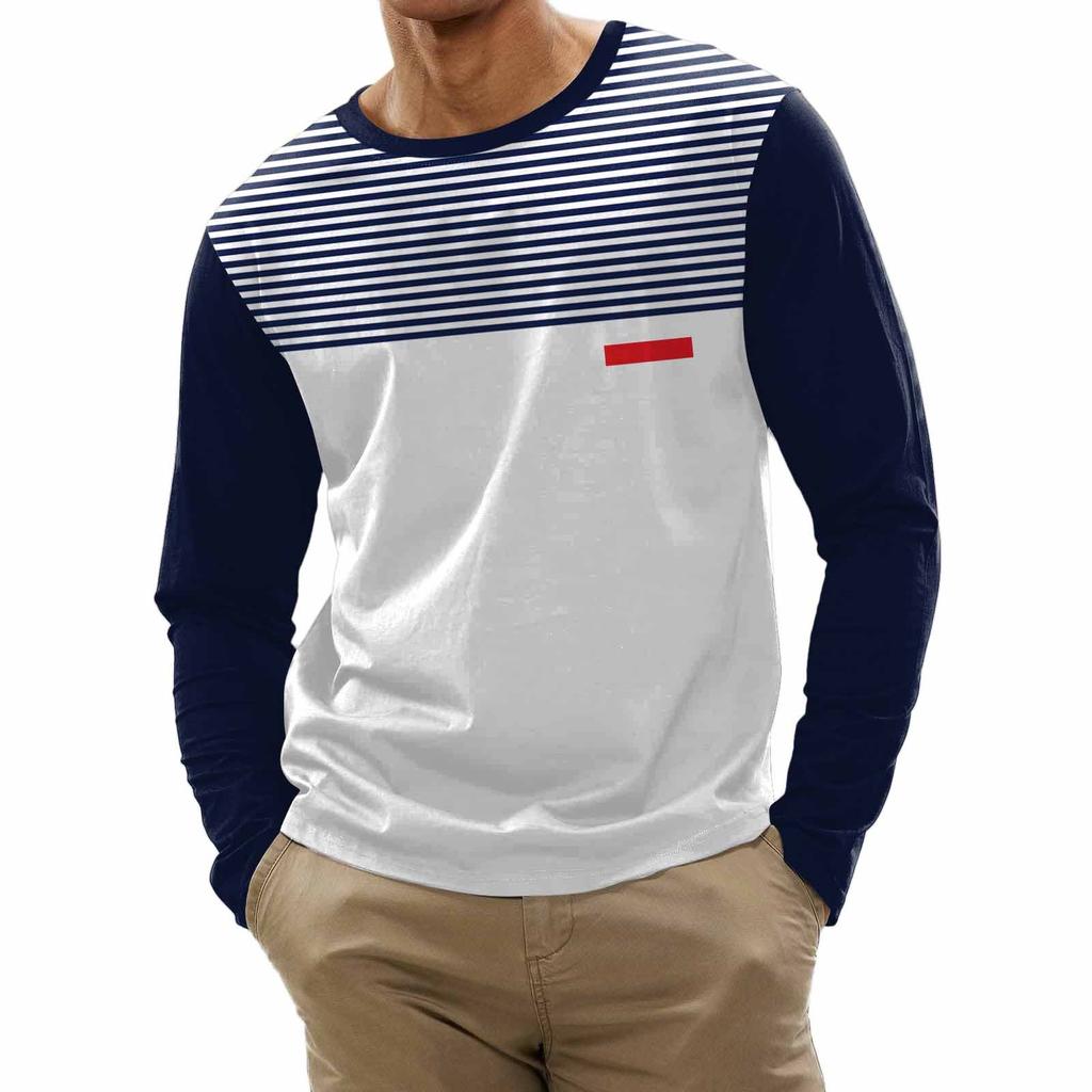 Men's Fashion Casual Stripe Printed Long Sleeve O-Neck Shirts Tops Blouse
