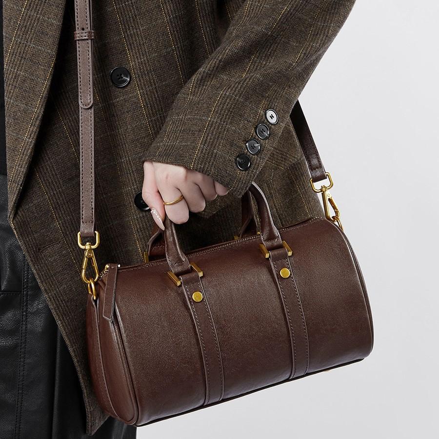 Leather Maillard Retro Handbag Women'S Bag Light Luxury Foreign Style Boston Bag Vegetable Tanned Cowhide Messenger Bag Bag