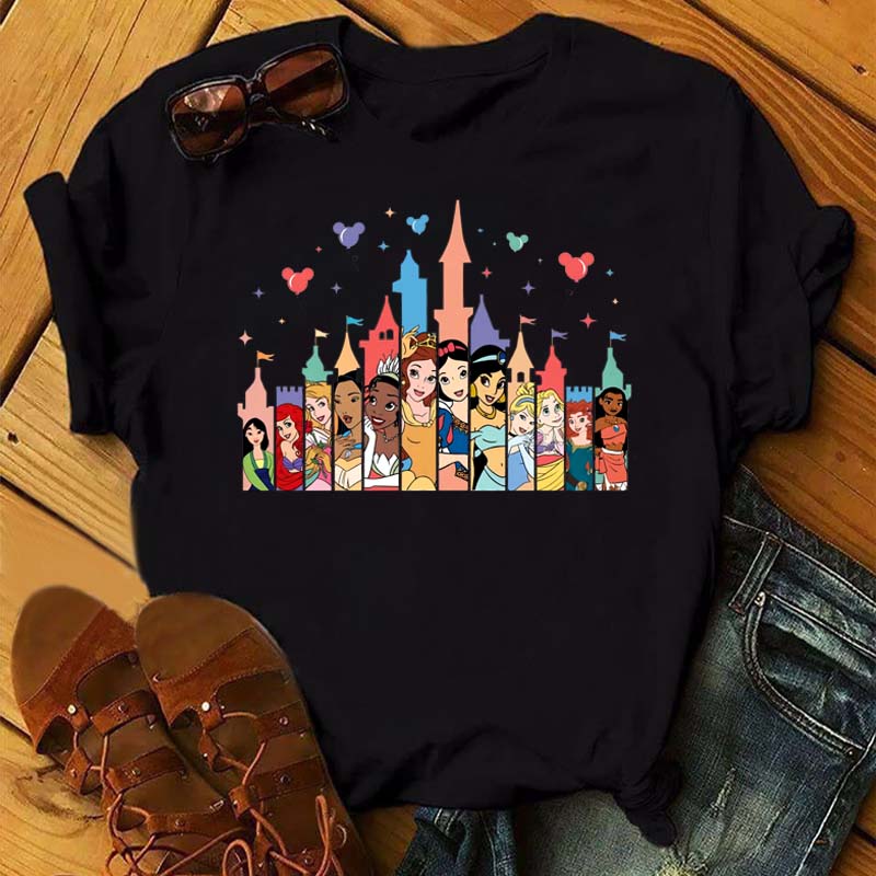 Funny Summer Disney Villains Printed Women T Shirts Round Neck Y2k Clothes Cartoon Graphic T Shirts 90s Female Tops Tees
