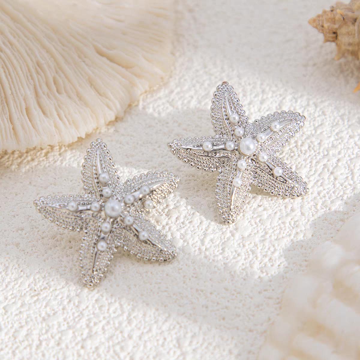 Trendy Starfish Textured Earrings with Faux Pearls - European  American Beach Resort Style