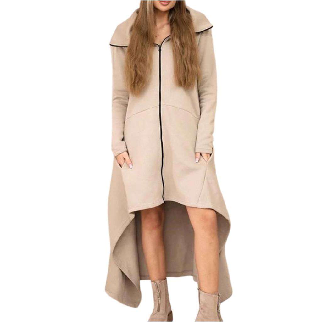 Women's Fashionable Solid Color Long Sleeved Hooded Long A-line Skirt Loose And Versatile Sweatshirt Jacket