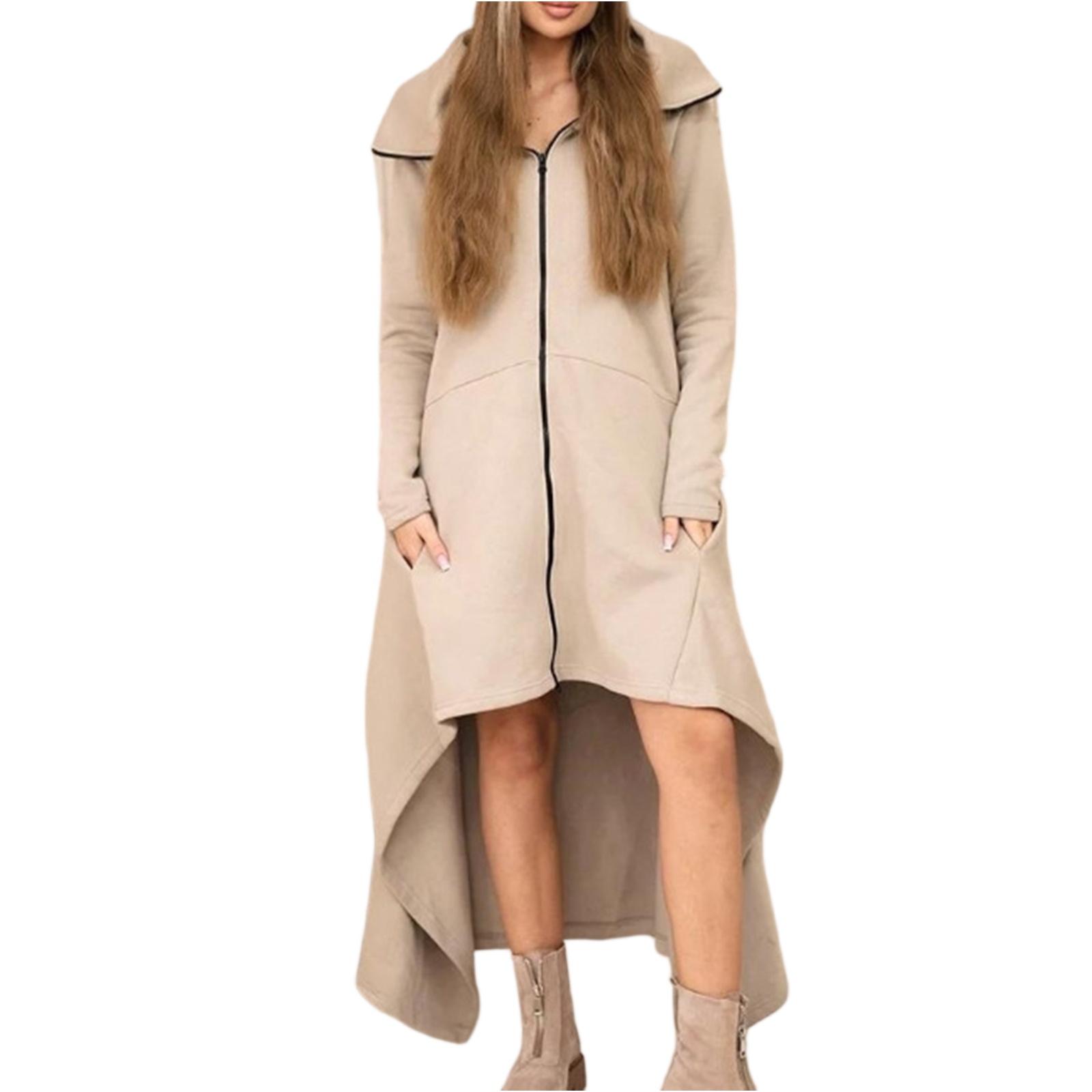 

Женская модная однотонная толстовка-куртка с длинными рукавами, капюшоном и длинной юбкой А-силуэта, свободная и универсальная M бежевый