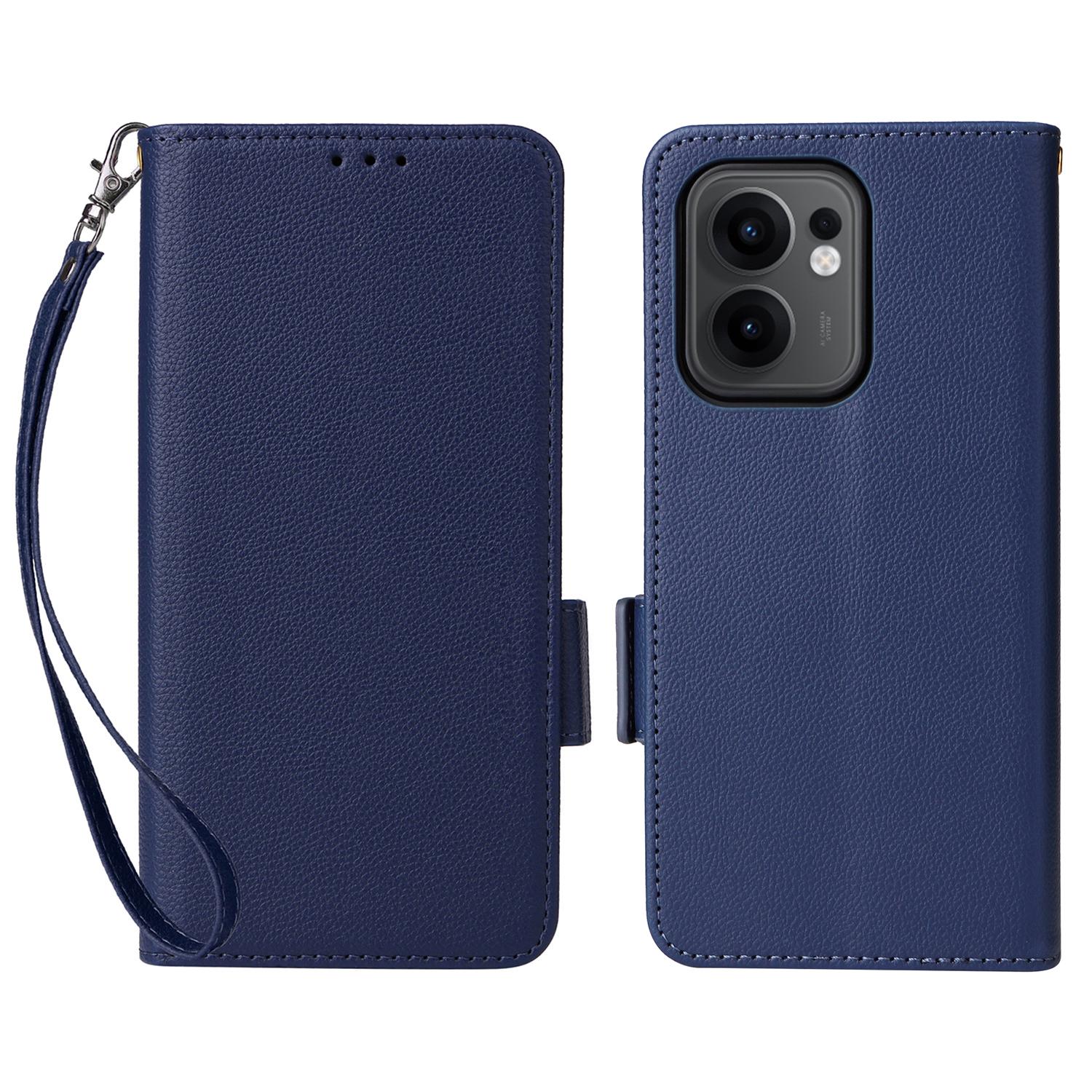 

For Oppo Reno13 F 5G/4G Case with Wrist Strap Litchi Texture PU Leather Wallet Phone Cover Dark Blue