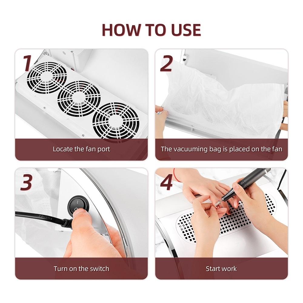 3 Fans Powerful Nail Dust Collector 40W High Suction Professional Nail Dust Extractor 2-Hands Nail Vacuum Cleaner For Manicure