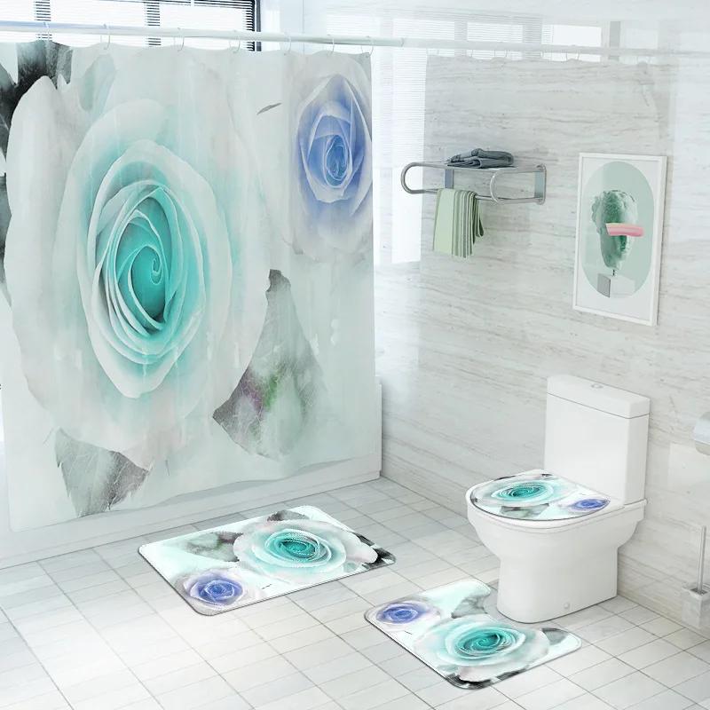 High Quality Small Fresh Shower Curtain Set White Flowers Printed Bathroom Curtains Set Anti Slip Rug Toilet Lid Cover Bath Mat