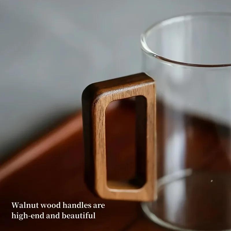 2pcs 500ml Glass Cups with Walnut Handle Household Heat-resistant Mug Large Capacity Tea Making Cup Office Drinking Glasses