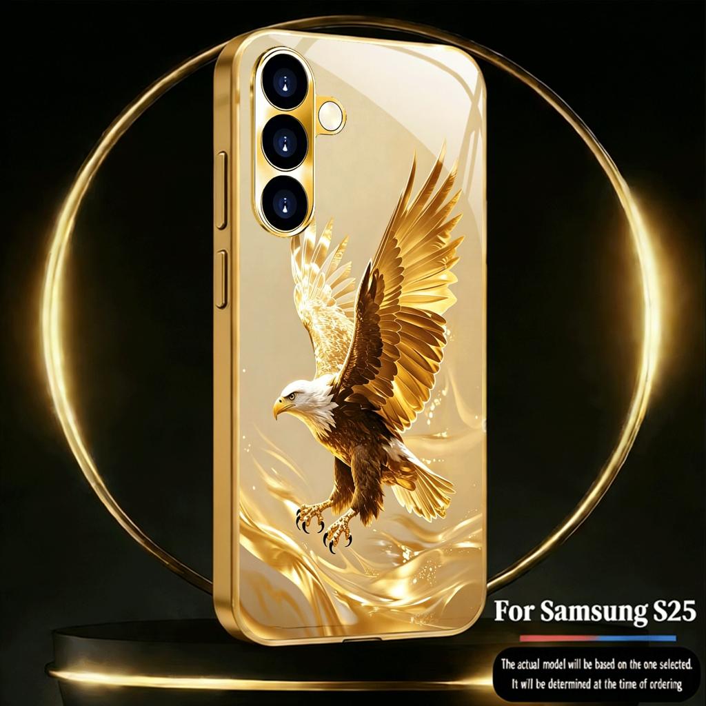 Golden Eagle Pattern Glass Phone Case Suitable for Samsung Galaxy S26 S25 S24 S23 S22 S20 FE/Ultra/Plus Anti Drop Back Cover