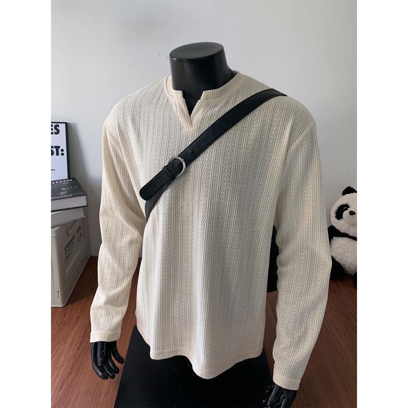 Men's American Trendy V-Neck Jacquard Sweatshirt: Loose Fit, Long-Sleeve, Casual High Street Style T-Shirt for Autumn.