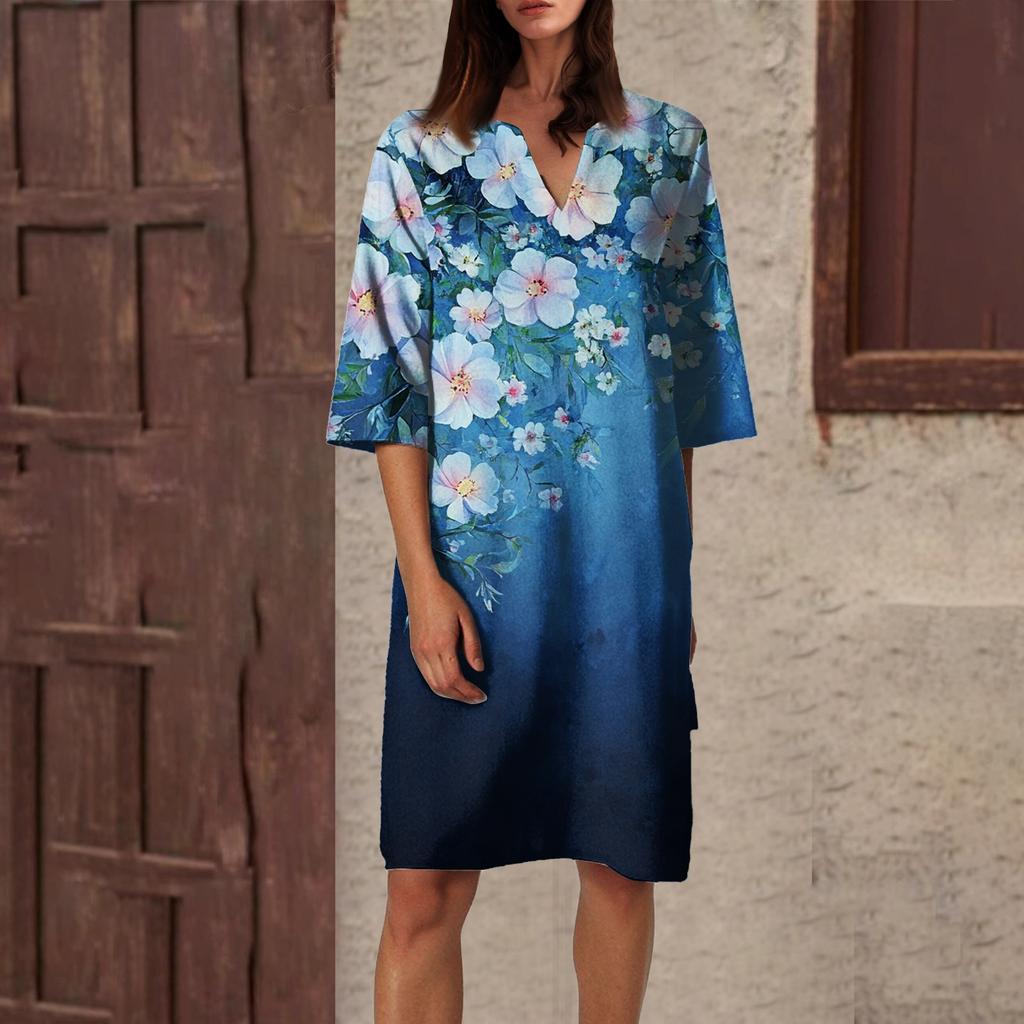 Women's Summer Retro Floral Print V-Neck Half Sleeve Dress Lightweight Breathable Dress