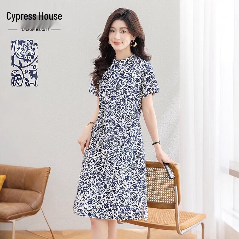 Women s Pure Cotton Chinese Style Floral Print Short Sleeve A-Line Dress L