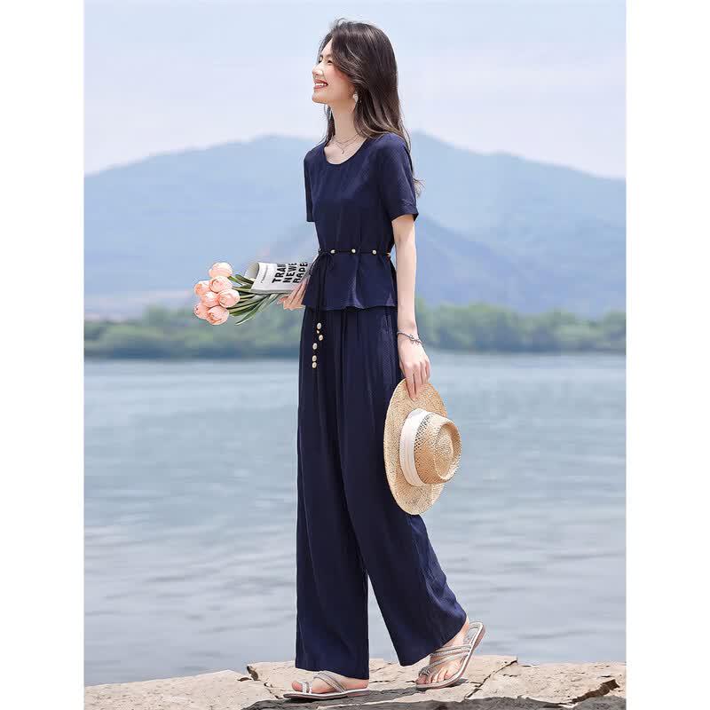 Women's Fashion Short Sleeve Top & Wide Leg Pants Set