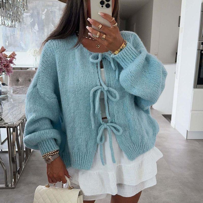 Simple Sweater2025 European and American Autumn and Winter New Women round Neck Lace-up Knit cardigan Simple Sweater Outerwear