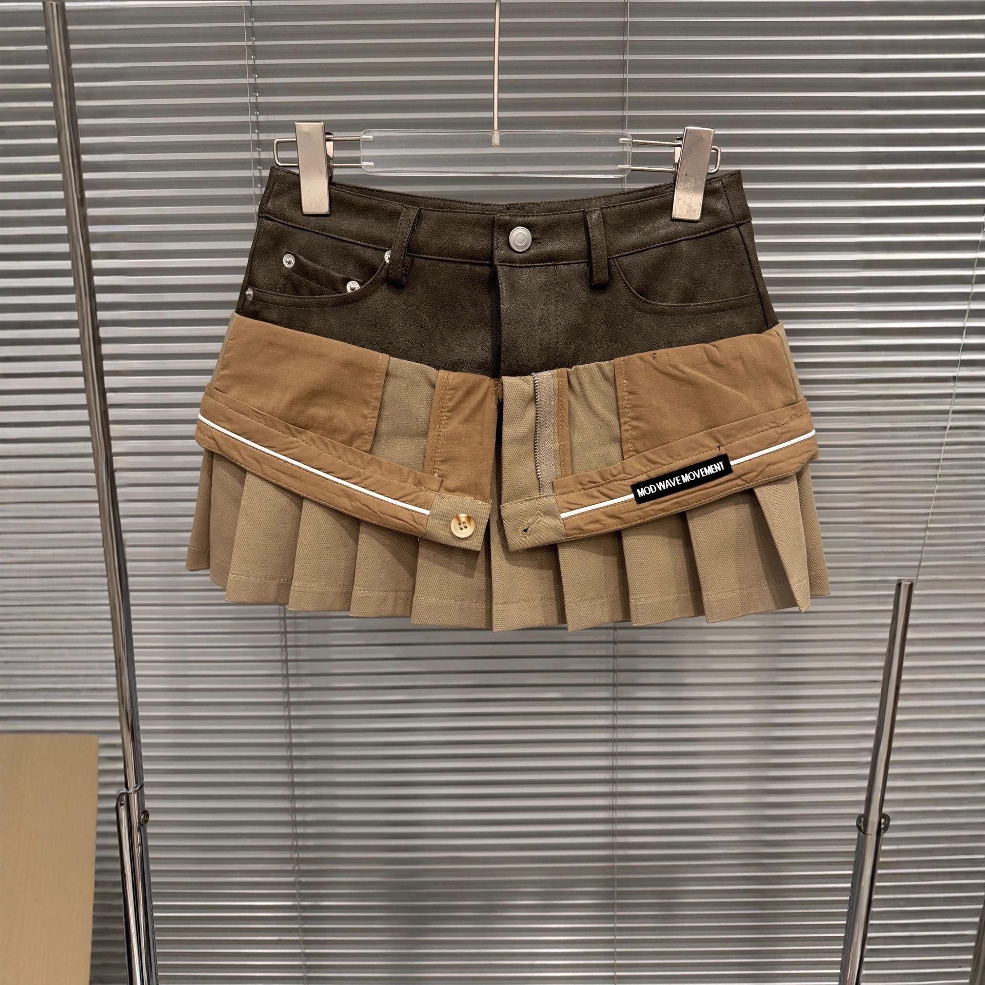 

2025 Autumn/Winter Twisted Waist Faux Two-Piece Leather & Fabric Patchwork Cargo Skirt Medium хакі