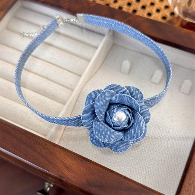 Elegante Collana Floreale in Jeans Blu Collare a Fiore 3D Catena con Lacci Choker Collane Tendenza Estiva Gioielli per la Clavicola