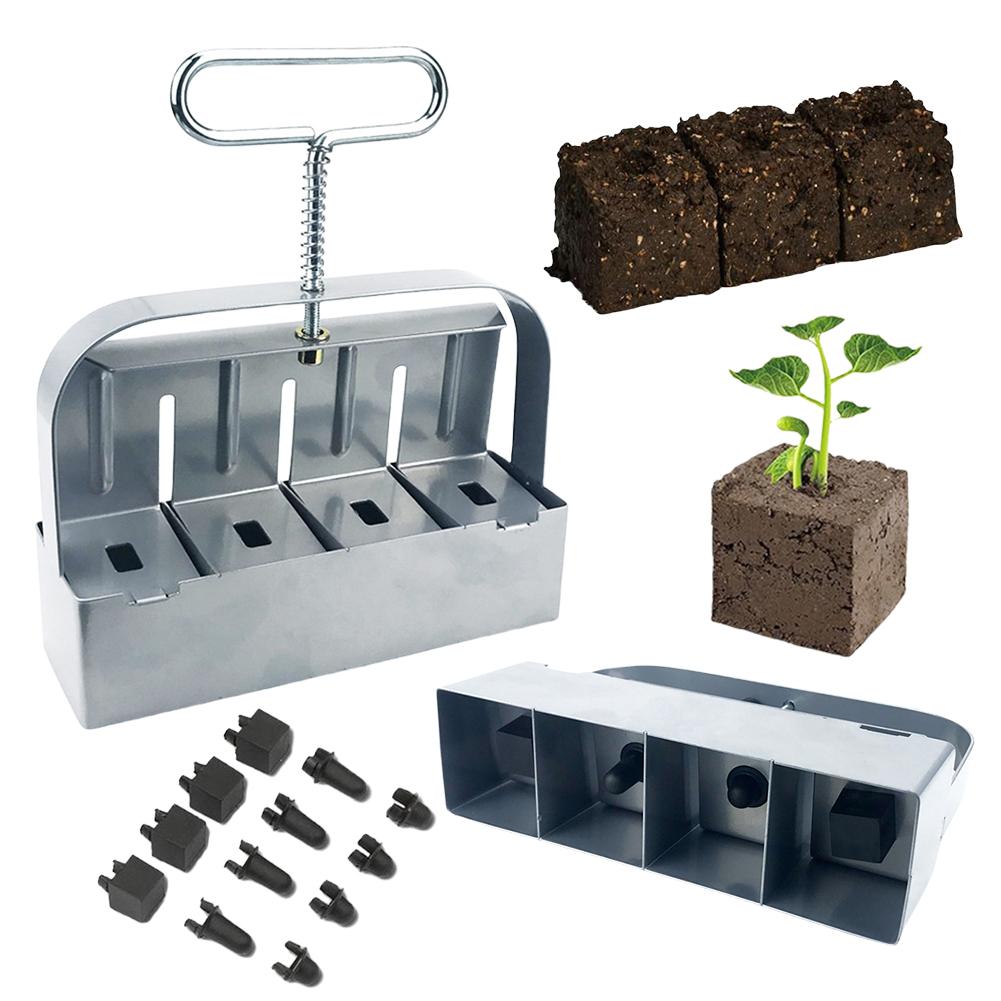 Soil Block Machine Stainless Steel Handheld Block Maker 4 Cell Manual Soil Blocking Tool with Comfortable Handle for Greenhouses