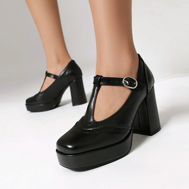 Bullock women's single shoes spring and autumn square head platform thick heel super high heel T-strap British style women's high heels