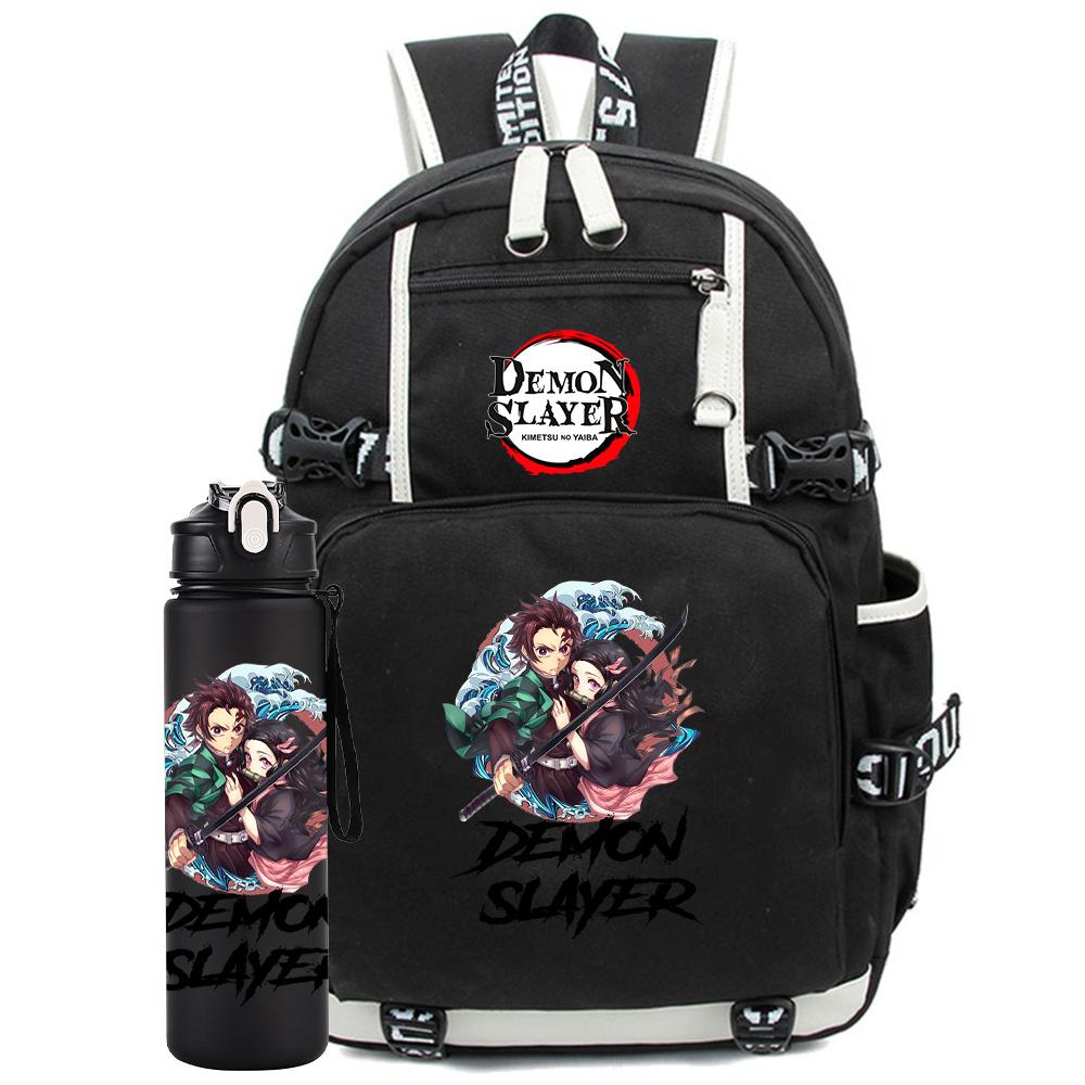2Pcs/set Anime Demon Slayer Printed Backpack with 750Ml Water Bottler for Teenager Student Girl Boy Large Capacity Waterproof Bookbag Gift