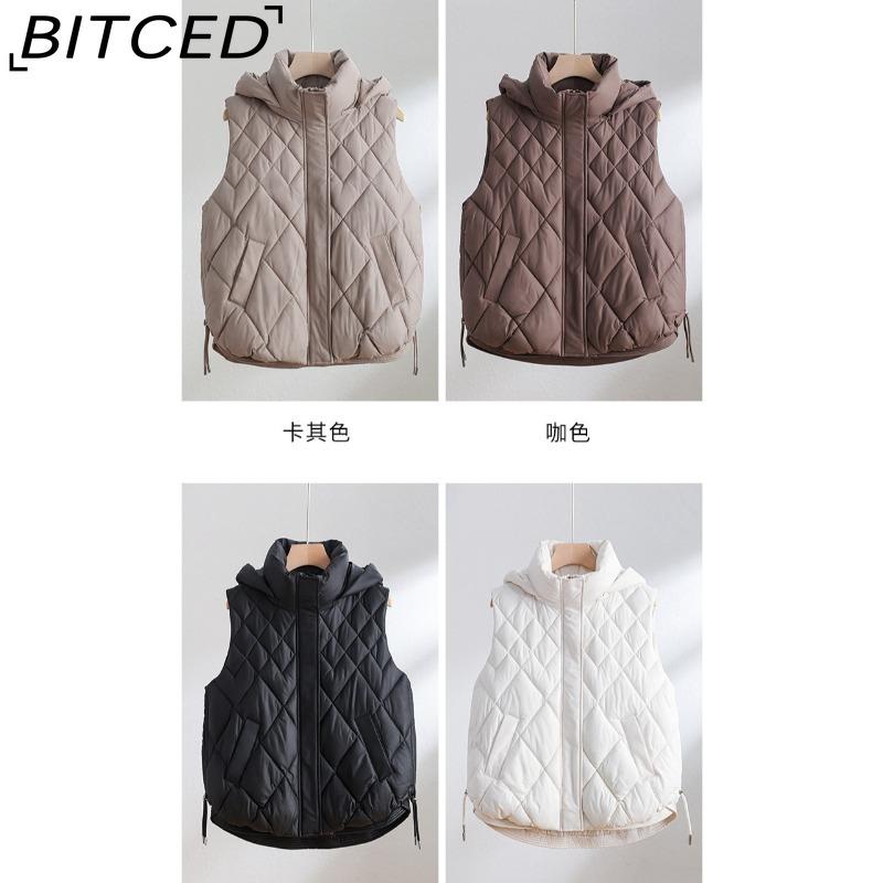 BITCED Women's Autumn/Winter Quilted Down Vest - Elegant Hooded Cotton Jacket, Short-Sleeved Waistcoat, Diamond-Quilted Vest