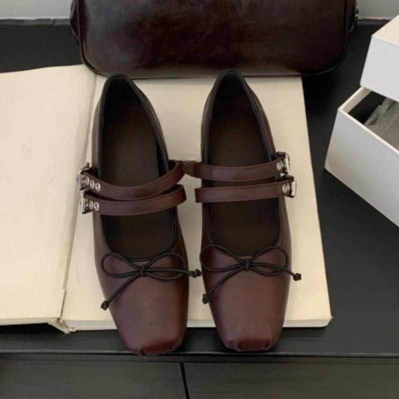 

Single Shoes Fashion Square Toe Shallow Mouth Bow Metal Slip Strap Non-Slip Low Heel Shoes 40 вина червоного кольору