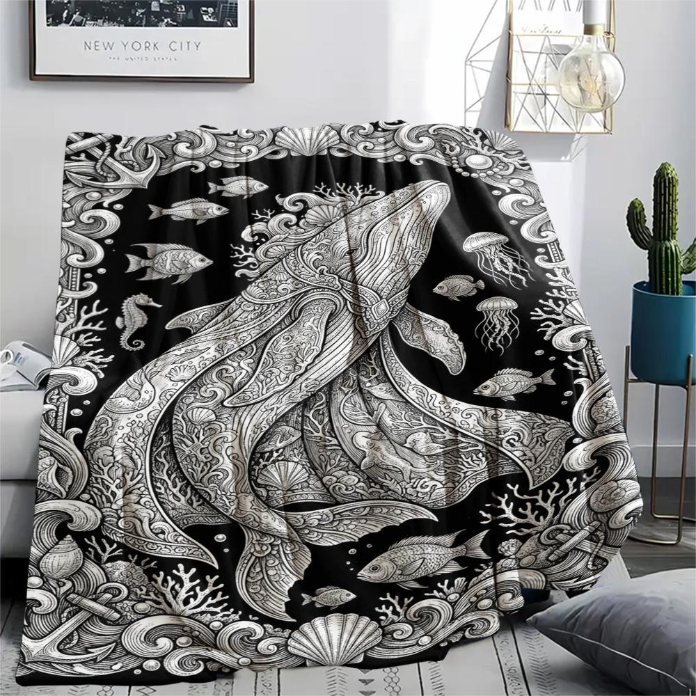 1Pc Ocean Print Flannel Blanket, High quality Comfortable for All Seasons, Home Decor, Warmth and Comfort, Perfect for Christmas Gifts W101