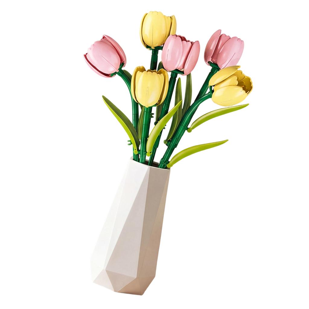 6 Piece Tulip Flower Bouquet Building Blocks Set with Vase Home Room Decor Tulip Blocks 186pcs Mother's Day