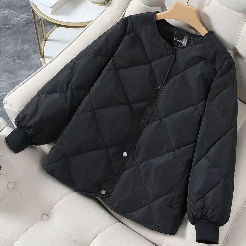 Women's Collarless Diamond Shaped Grid Down and Cotton Jacket Lightweight and Warm Short Winter Down and Cotton Jacket