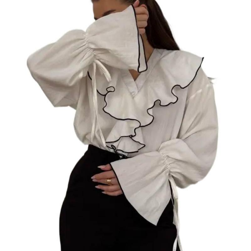 New Spring and Autumn Women's Simple Fashion Casual Cardigan Top Color-Block Layered Ruffle Shirt