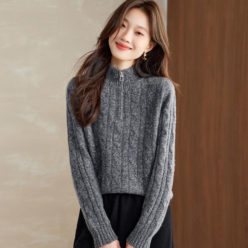 Srcr Women's 100% Wool Cable Knit Half-Zip Sweater