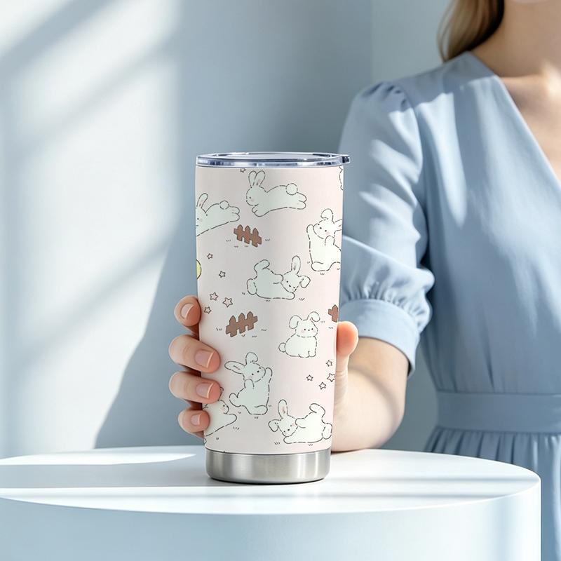 Car Tumbler 591ml(1 Random Straw Included)Moon Star Fence Bunny MotifSteel Straw Cup Large Iced Cup Commuter Cup 591ml Car Tumbler