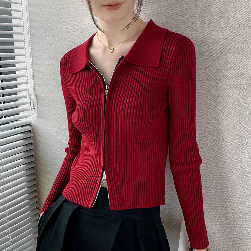 

Lapel knitted cardigan early autumn new long-sleeved slim-fitting slim lapel top zipper sweater short coat women one size fits all червоний