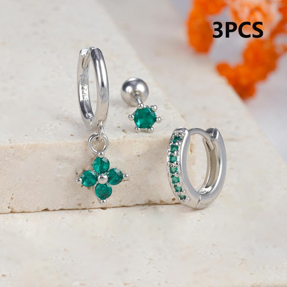 3PCS Green Zircon Flower Hoop Earrings Women Tiny Stainless Steel Round Circle Cartilage Piercing Earring Fashion Jewelry Sets