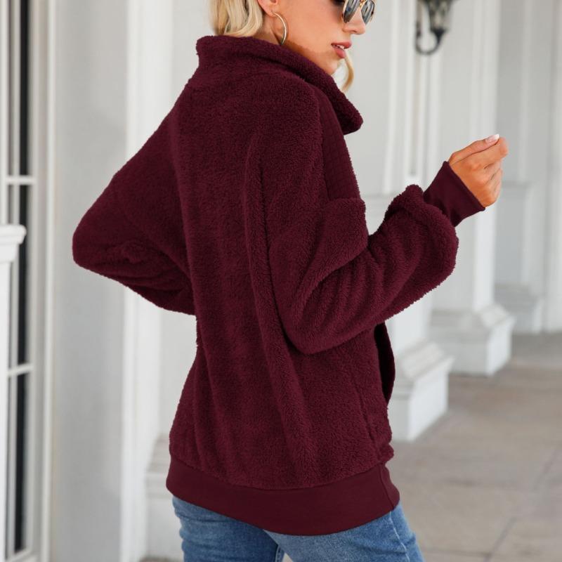 New Autumn Women's Round Neck Long-sleeved Pullover Zipper Medium and Long Solid Color Plush Splicing Sweater
