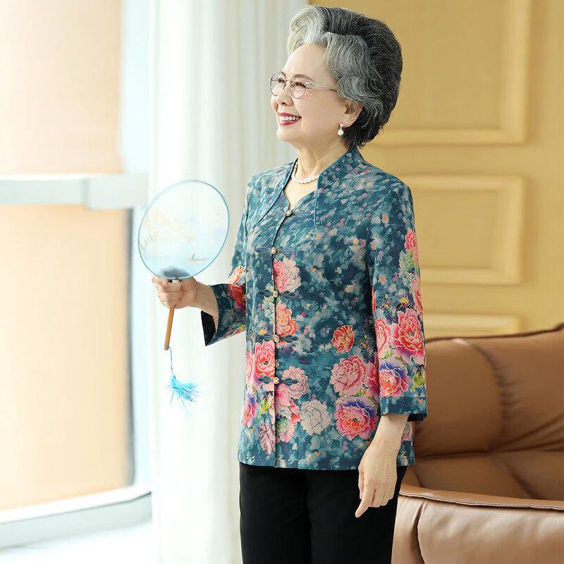 Paster Autumn Floral Tang Suit Set for Middle-Aged Women