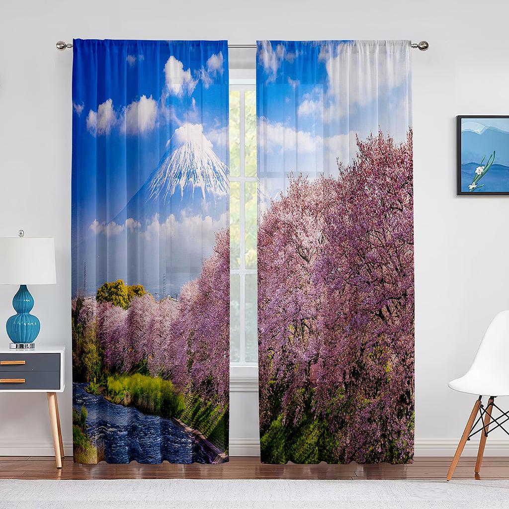 Cherry Blossom Sheer Voile Curtain Floral Sakura Blossom Pink Flower Window Tulle Curtains for Living Room Bedroom Kitchen Decor