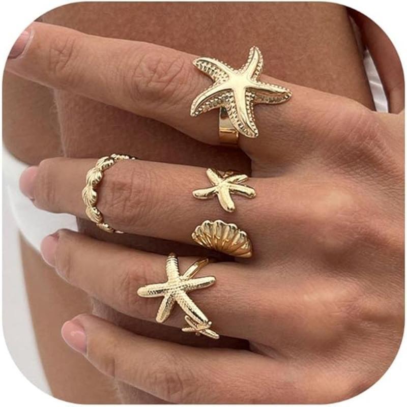4Pcs/Set Summer Beach Trendy Geometric Gold Silver Starfish Scallop Adjustable Open Rings for Women Jewelry