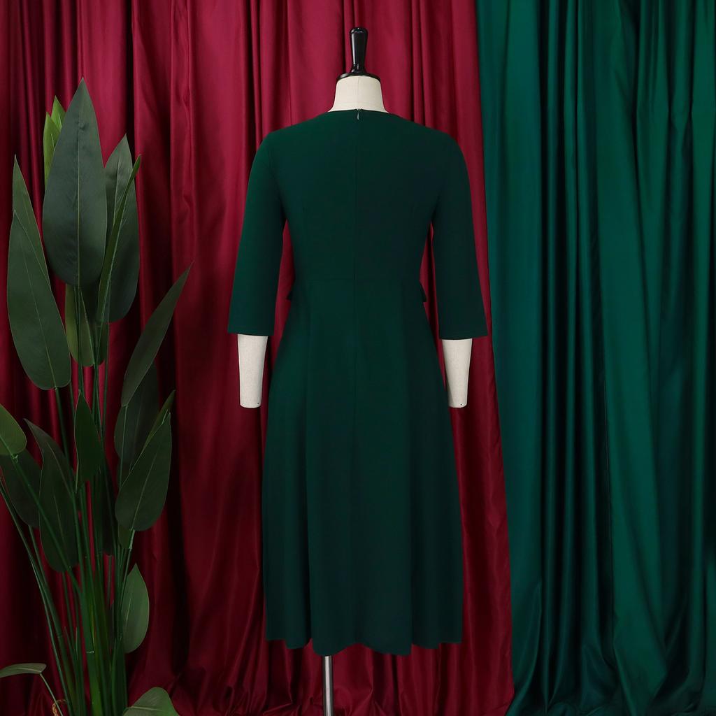 Fashion Women Solid Color Summer Dress Plus Size Cross Border African Dress Pleated Three Quarter Sleeves