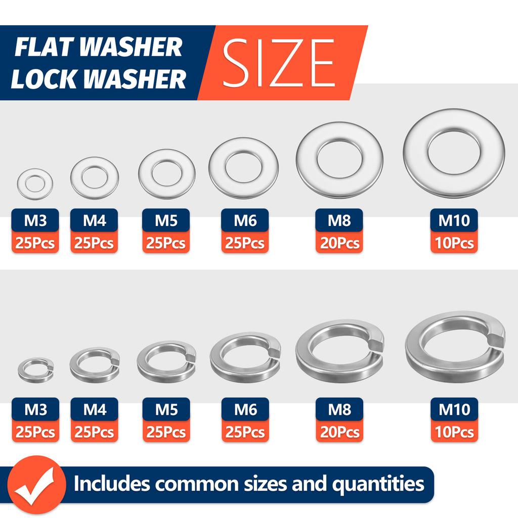 260pcs/95pcs Lock and Flat Washer Assortment Kit Stainless Steel M3 M4 M5 M6 M8 M10 Spring Lock Washers and Flat Washers Set