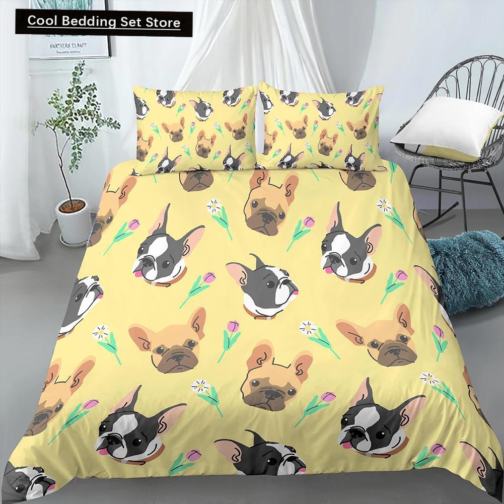Comforter Cartoon Pug King Queen Double Full Lovely Puppy Bedding Set Pet Animal Yellow Polyester Comforter