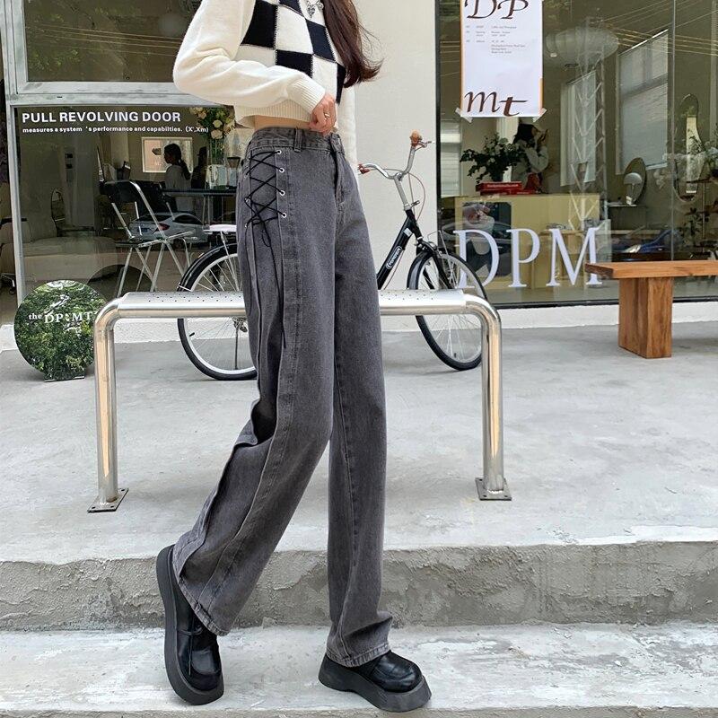 Autumn Spring Jeans Women Denim Pant  Vintage Straight Trousers Fashion Female Solid Lace Up Loose Casual Wide Leg Pants