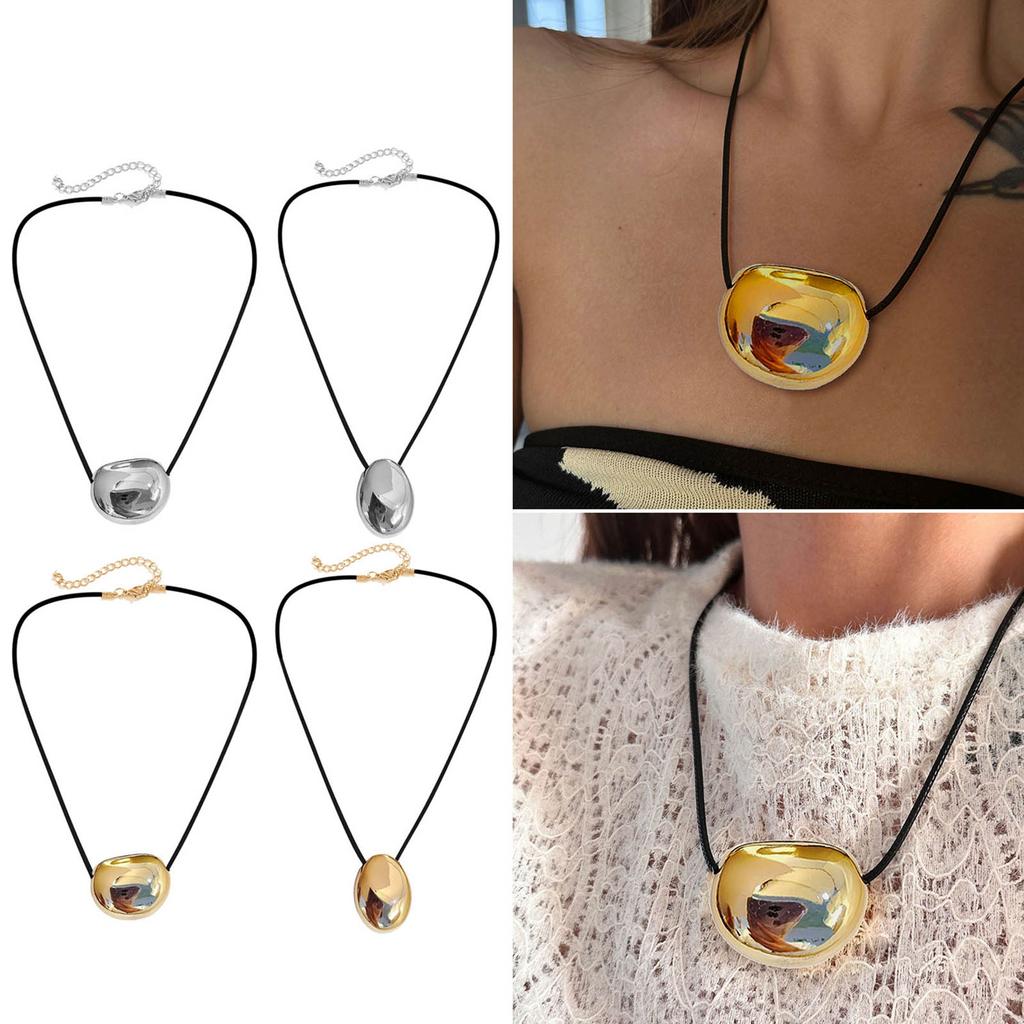 Stylish Metal Oval Shaped Neckchain Geometric Pendant Necklace Adjustable PU Leather Cord Clavicle Chain Elegant Jewelry