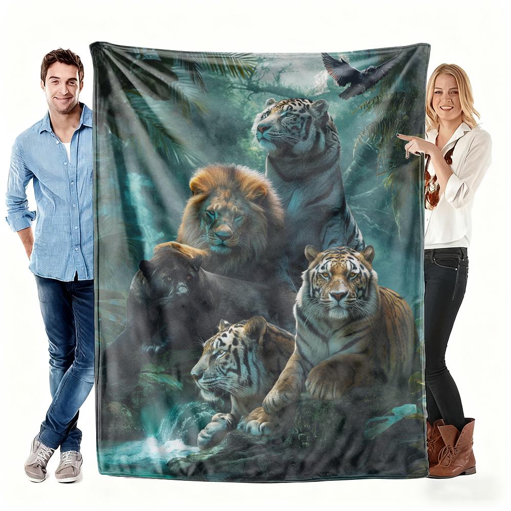 Jungle Big Cat Collage Flannel Blanket, Wild Lion Tiger Panther Throw, Soft Cozy for Wildlife Lover Home Decor Sofa Couch Gift